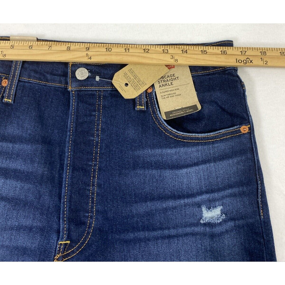 Levi's Ribcage Straight Ankle Jeans Womens Size 32 Distress Dark Wash Denim NWT - Picture 12 of 16